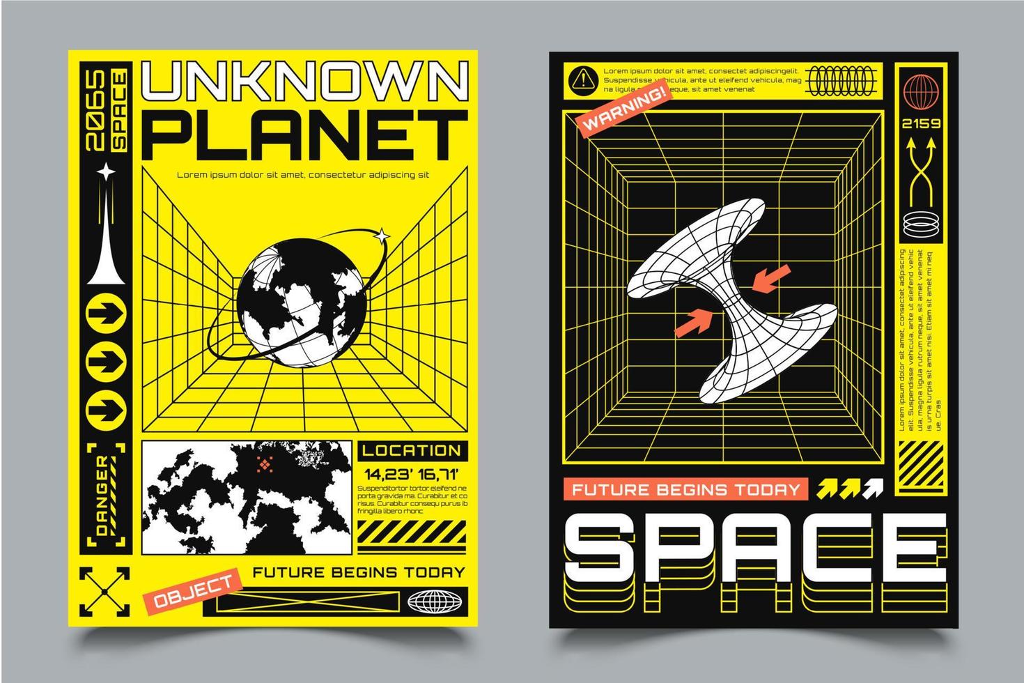 Two posters with HUD elements, perspective grid, futuristic design elements, chart, black hole and model of planet vector