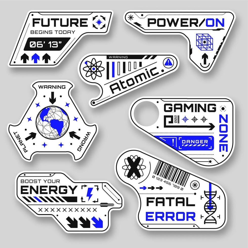 ciencia fi geométrico pegatinas futurista formas en diferente formularios insignias en cyberpunk estilo con gracioso inscripciones moderno hud elementos vector
