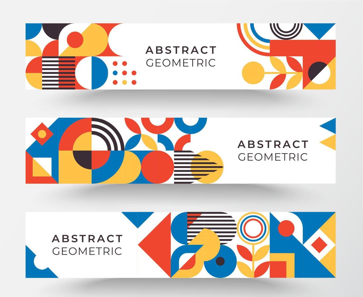 Bauhaus inspired three horizontal banners with square figures, shadows and text. Minimal modern abstract brochure vector