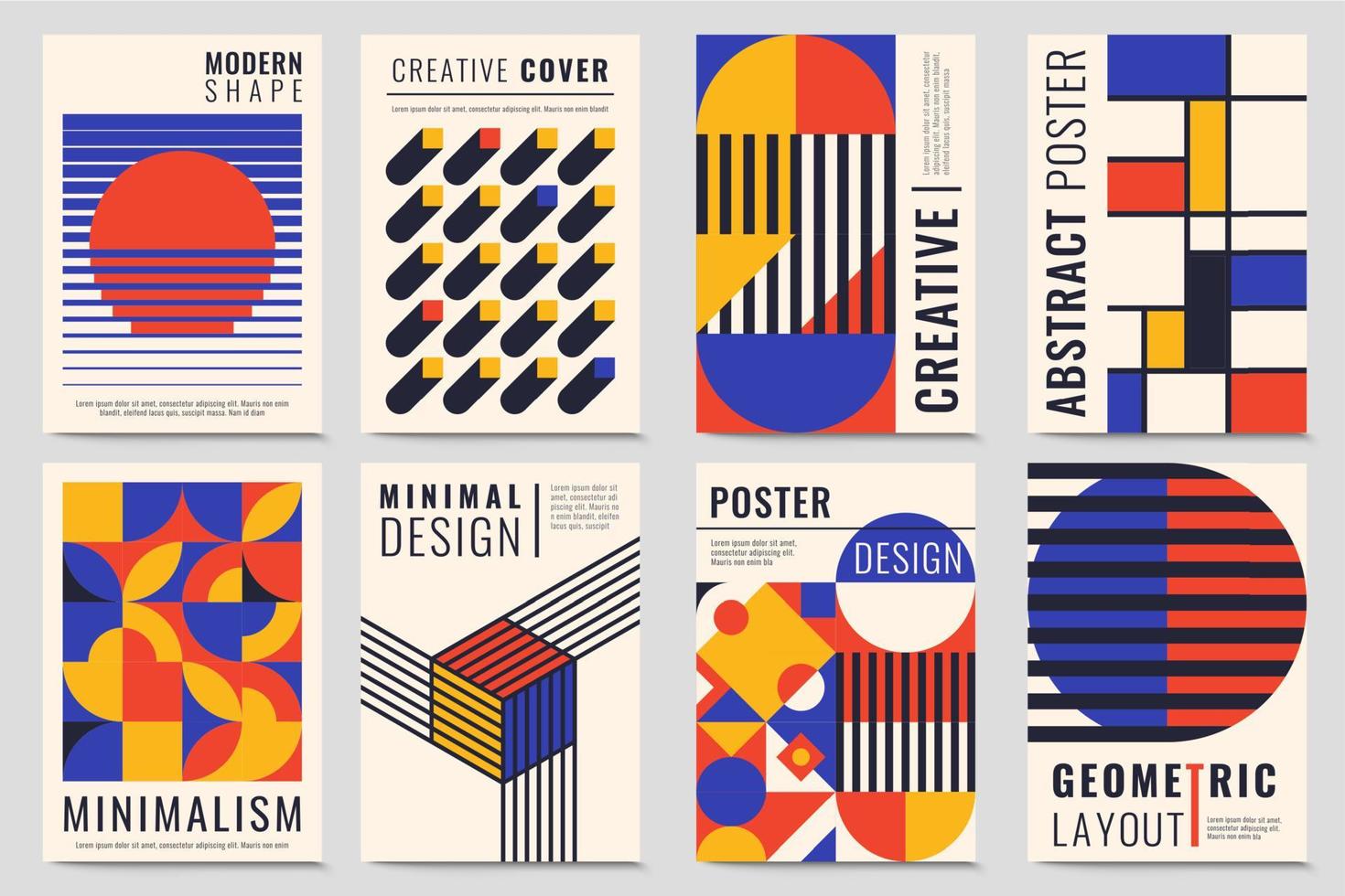 Eight bauhaus inspired posters with square figures and text. Minimal modern abstract brochures. Abstract retro posters with basic figures templates vector