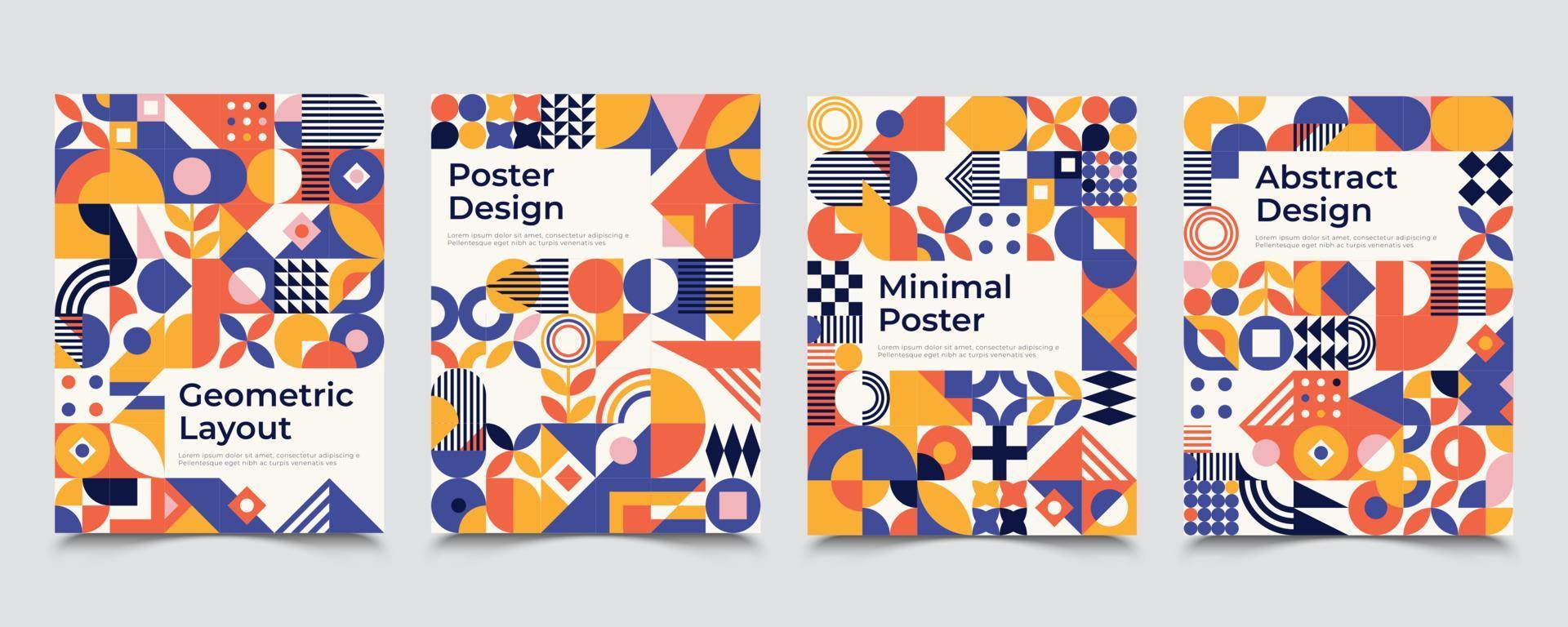 Bauhaus inspired posters with square figures and text. Minimal modern abstract brochures. Abstract retro posters with basic figures templates vector