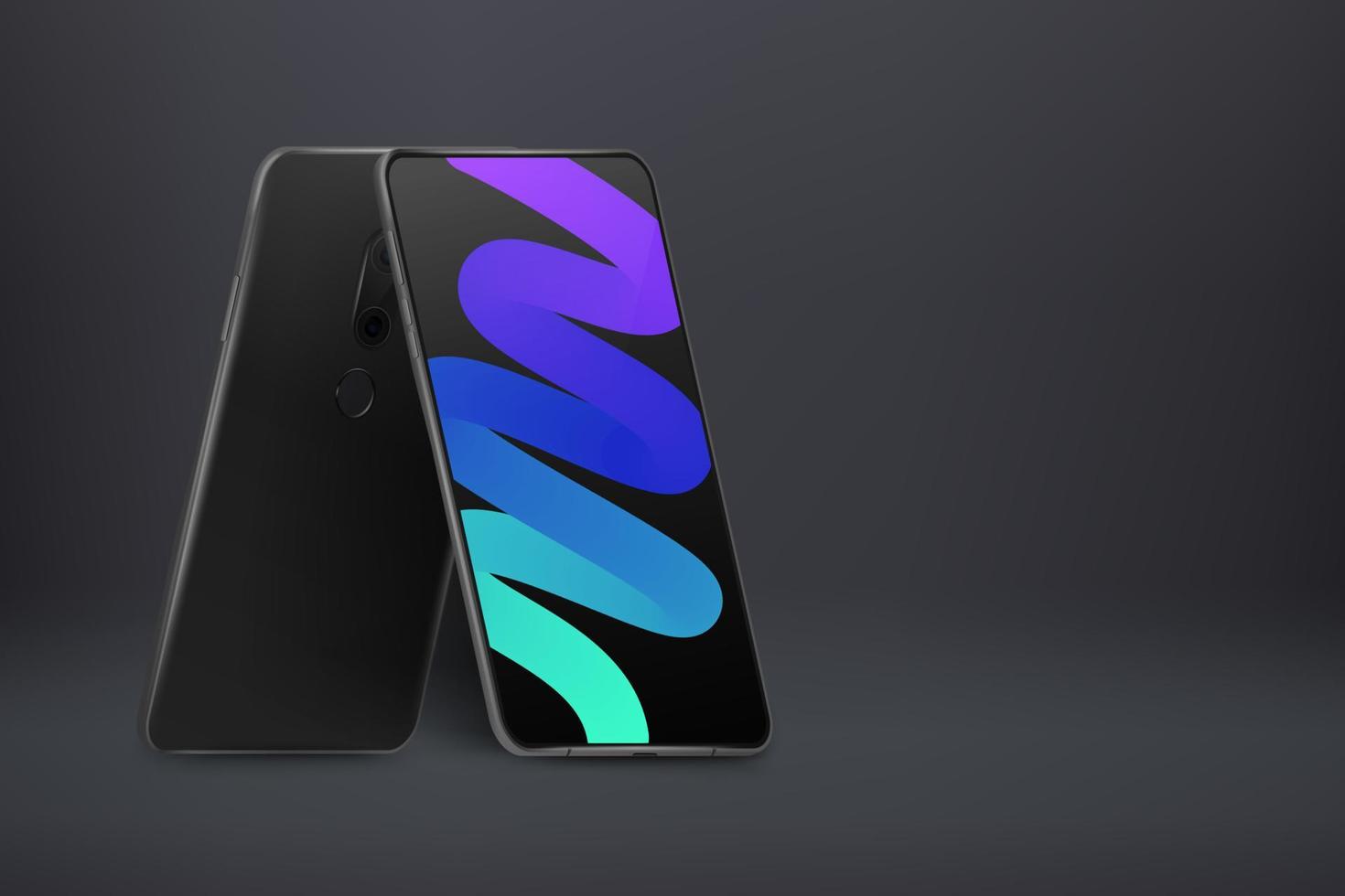 Back and front smartphone view in rotated position. Realistic mobile phones perspective view. Mock up cell phone. Template for showing app design, advertising or website vector