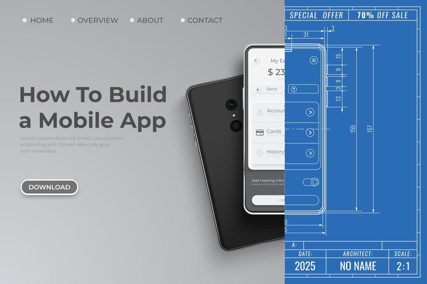 A technical drawing of a phone with a mobile application and a realistic phone connected together. The concept of creating mobile applications vector