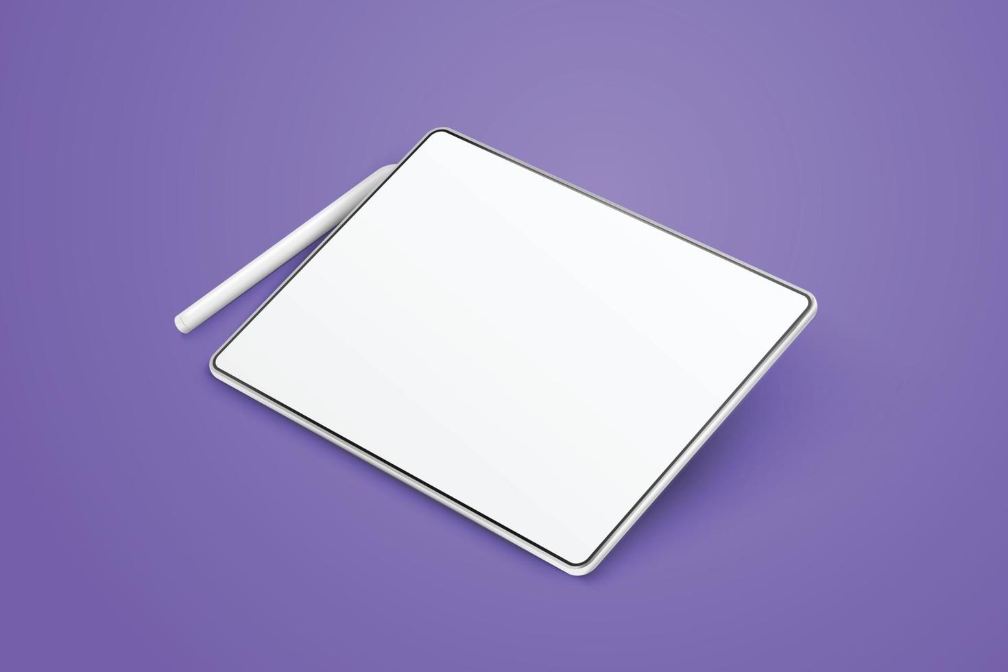 Empty tablet and pen on a violet background. Device in perspective view. Tablet mockup from different angles. Illustration of device 3d screen vector