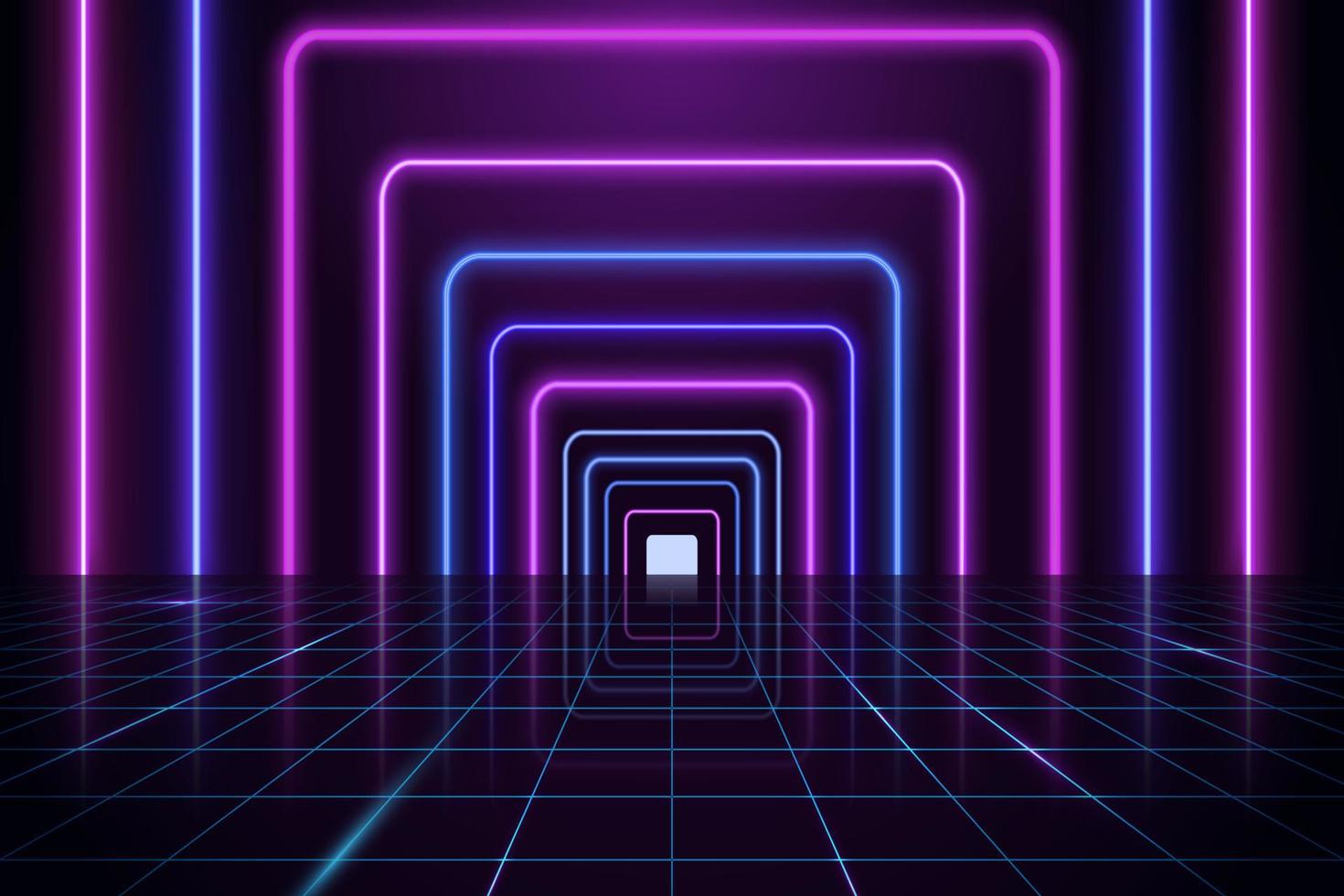 Dark background with glowing neon rectangles and perspective grid. Glowing light frames and out reflection vector