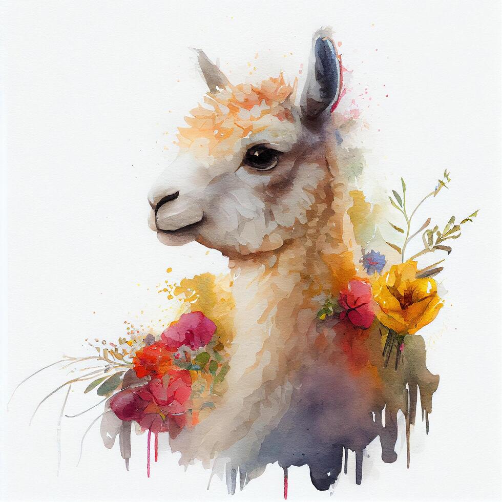 Cute Watercolor Lama with Natural Flowers photo