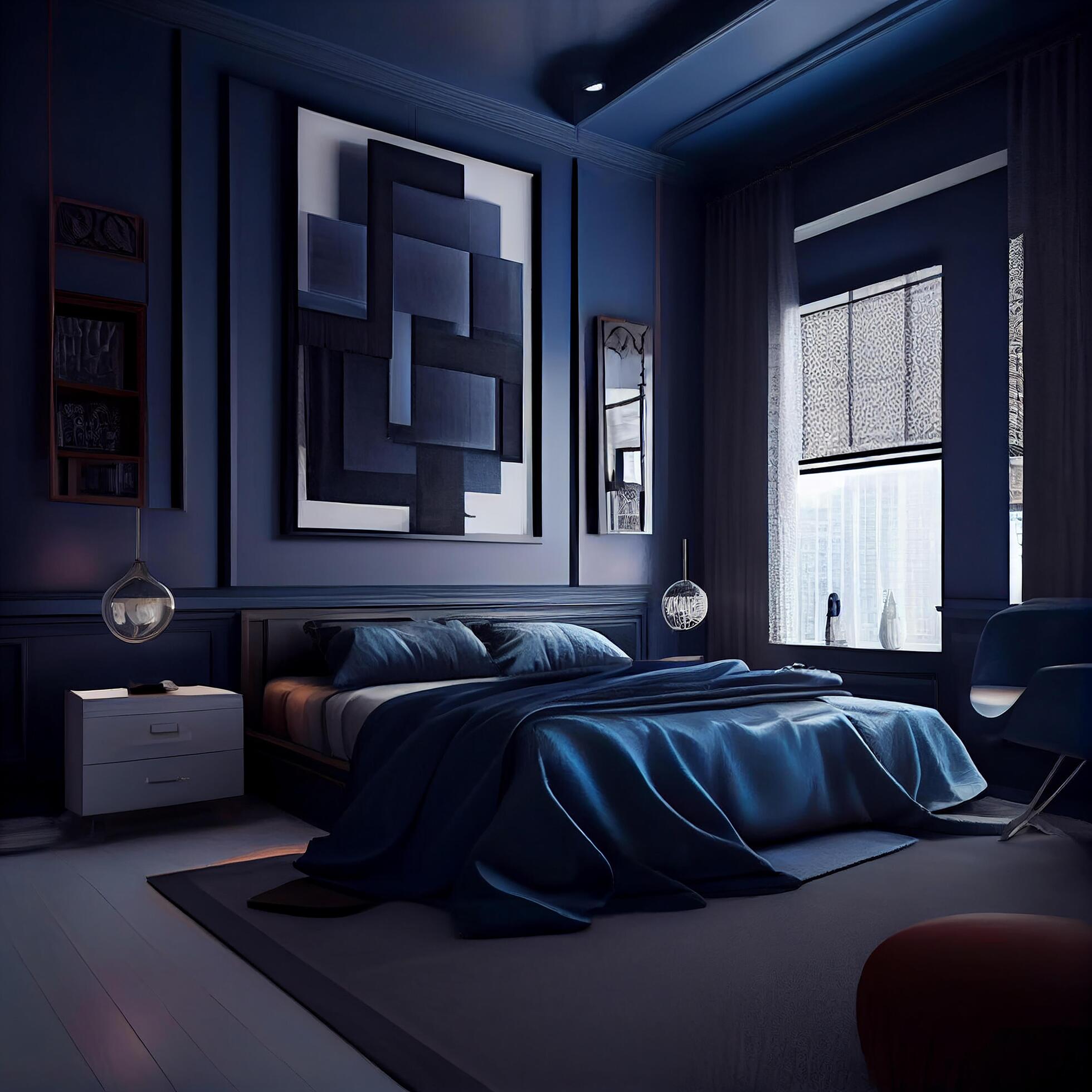 Dark Blue Minimalist Modern Interior Bedroom Design. 22012336 Stock