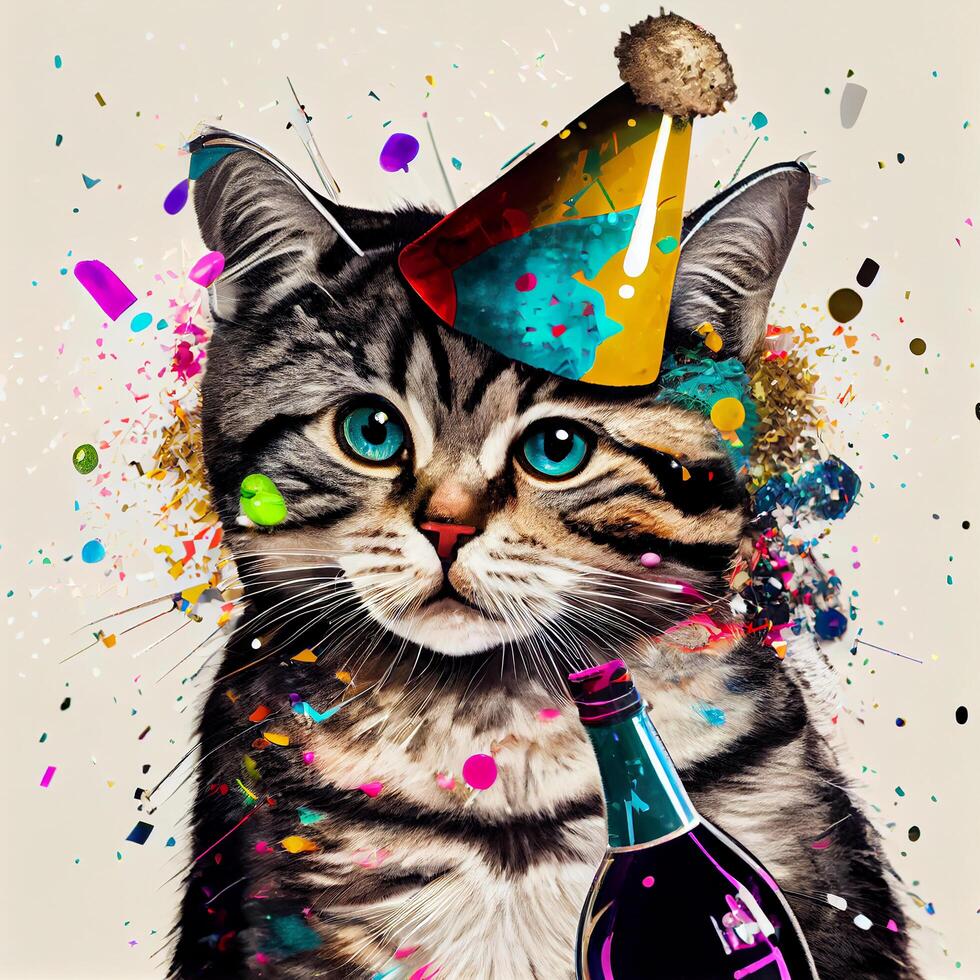 Painted Funny Birthday Cat with Cap and Champagne photo