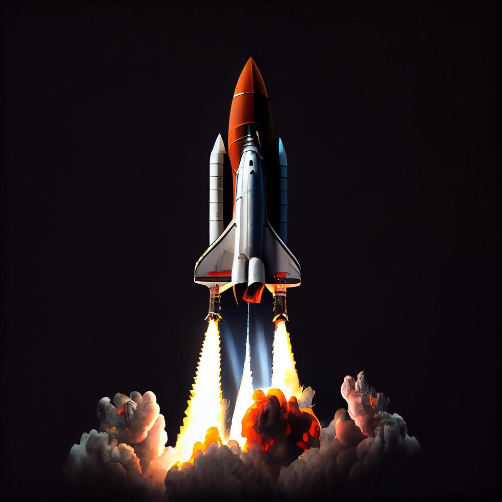 Vivid Rocket Starting Fly on Black Background. Illustration.. photo