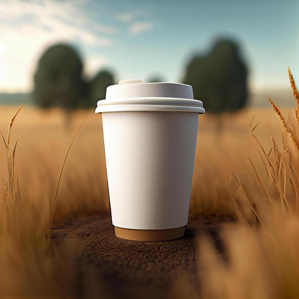 Coffee to go on a background with green plants. Illustration photo