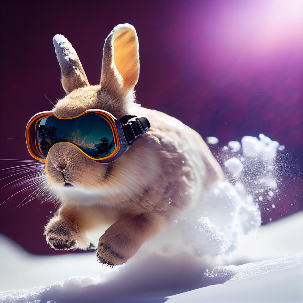 Cool Bunny in ski goggles rides a snowboard. Illustration photo