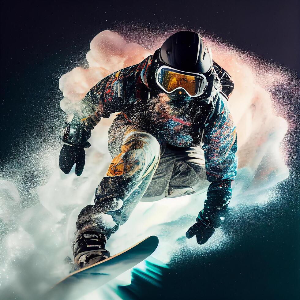 Man in ski goggles rides a snowboard from a snowy mountain. Illustration photo