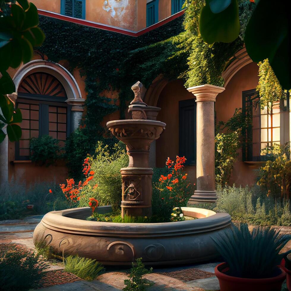 linda verano italiano estilo jardín. ilustración generativo ai foto