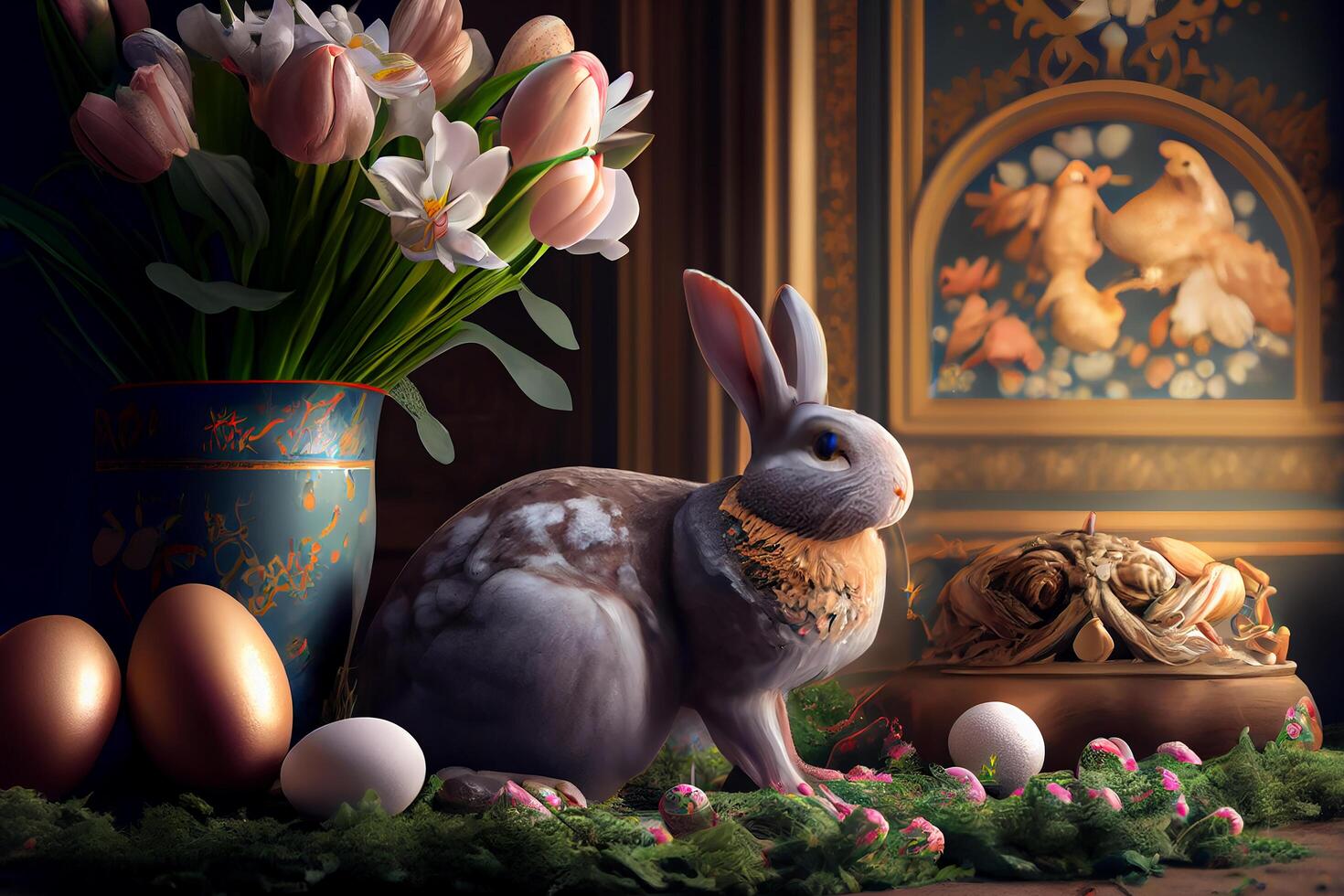 Happy Easter Greeting Background with Colorful Eggs and Bunny. photo