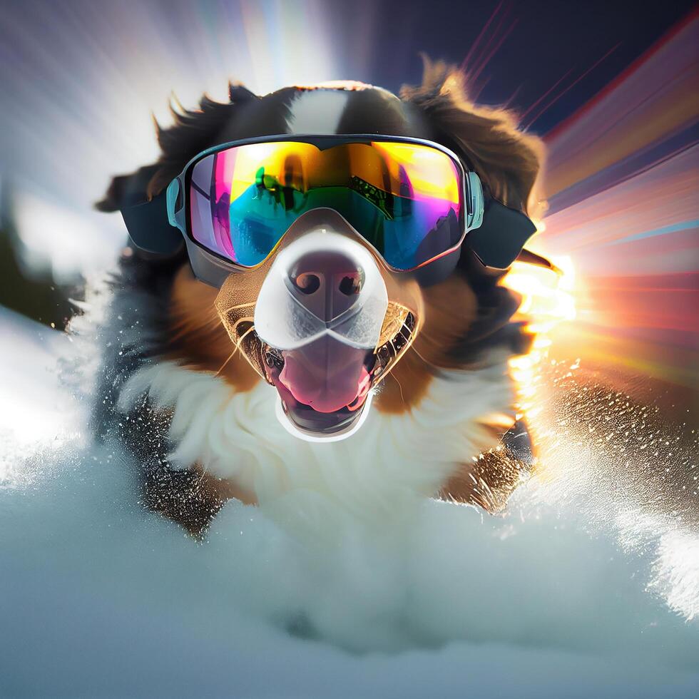 Cool Dog in ski goggles rides a snowboard. Illustration photo