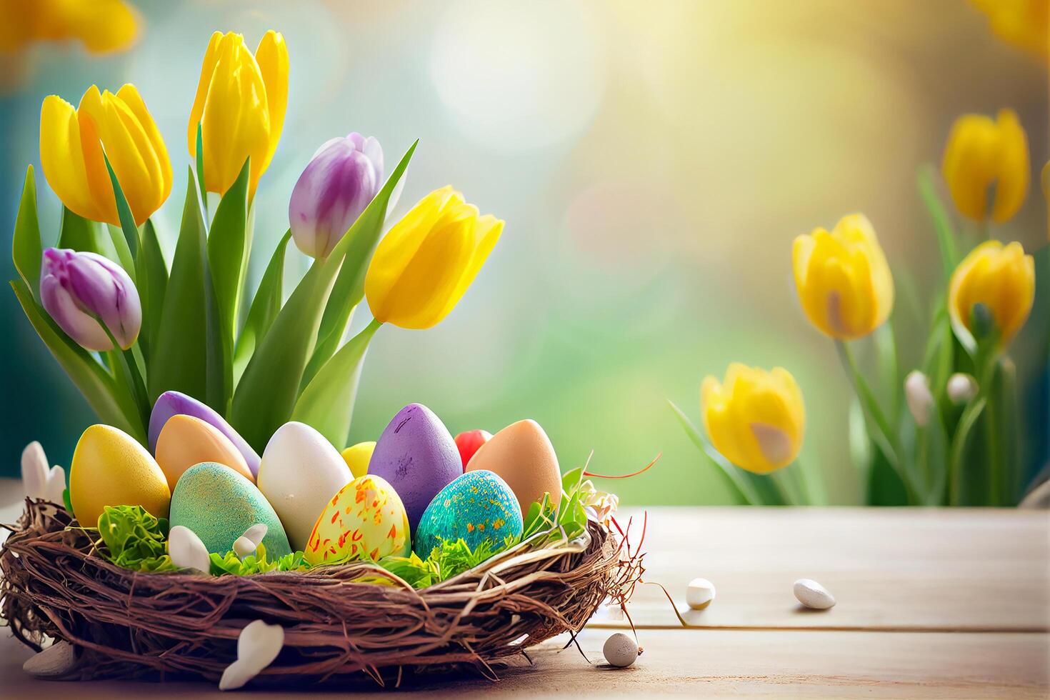 Happy Easter Greeting Background with Colorful Eggs. photo