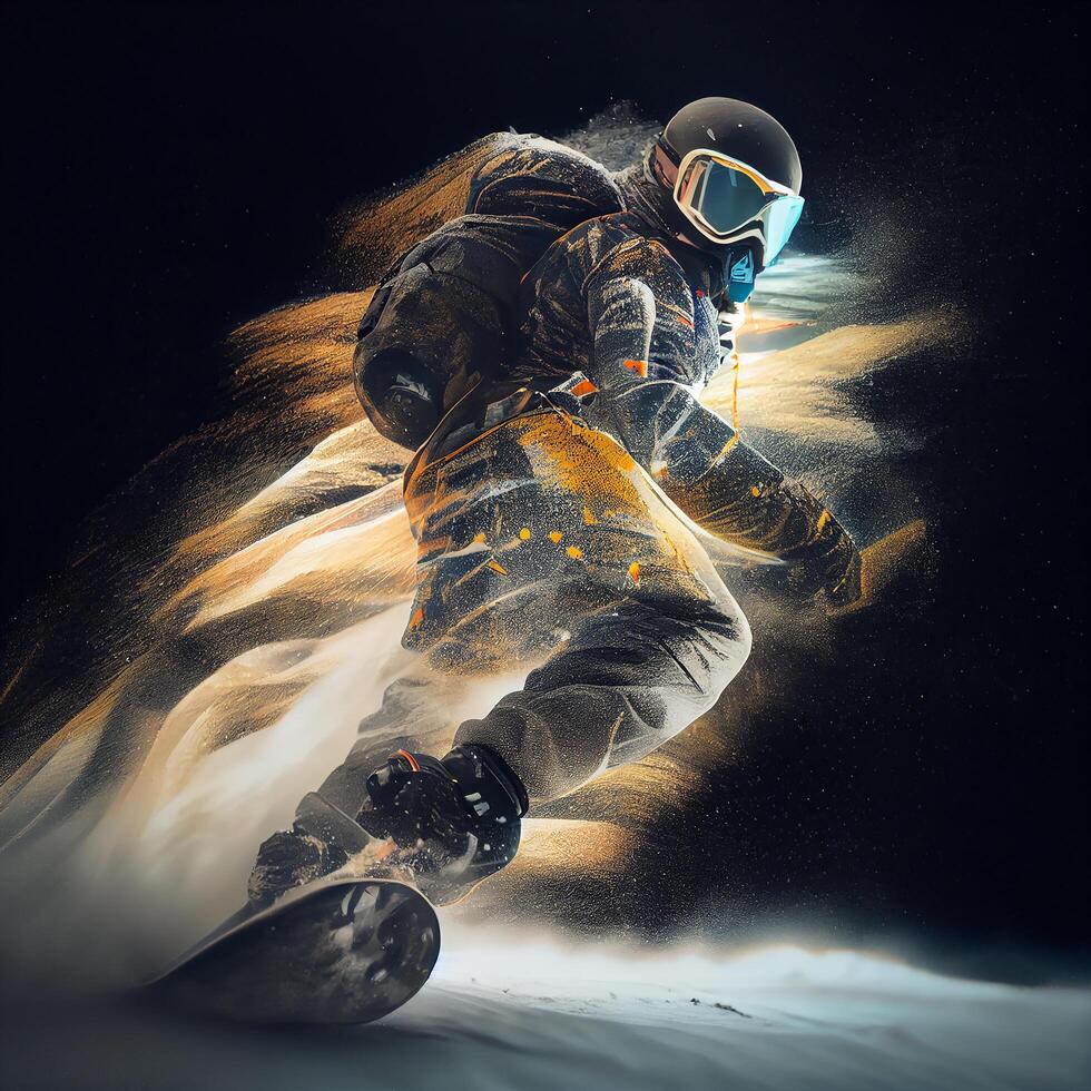 Man in ski goggles rides a snowboard from a snowy mountain. Illustration photo