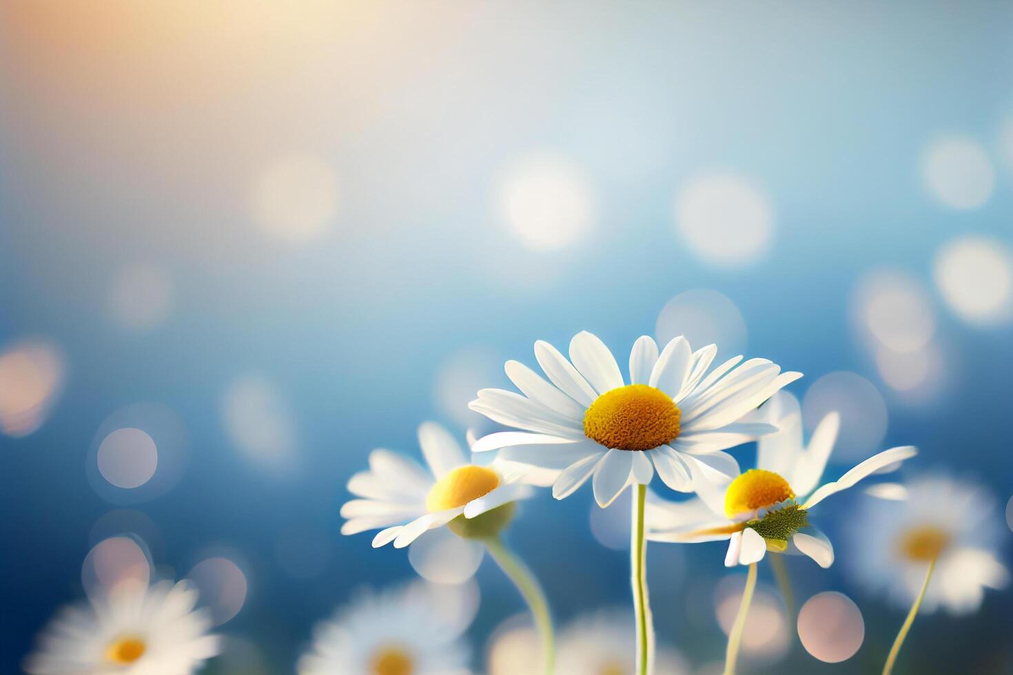 Blooming Chamomile in a Meadow on a Green Background Illustration photo