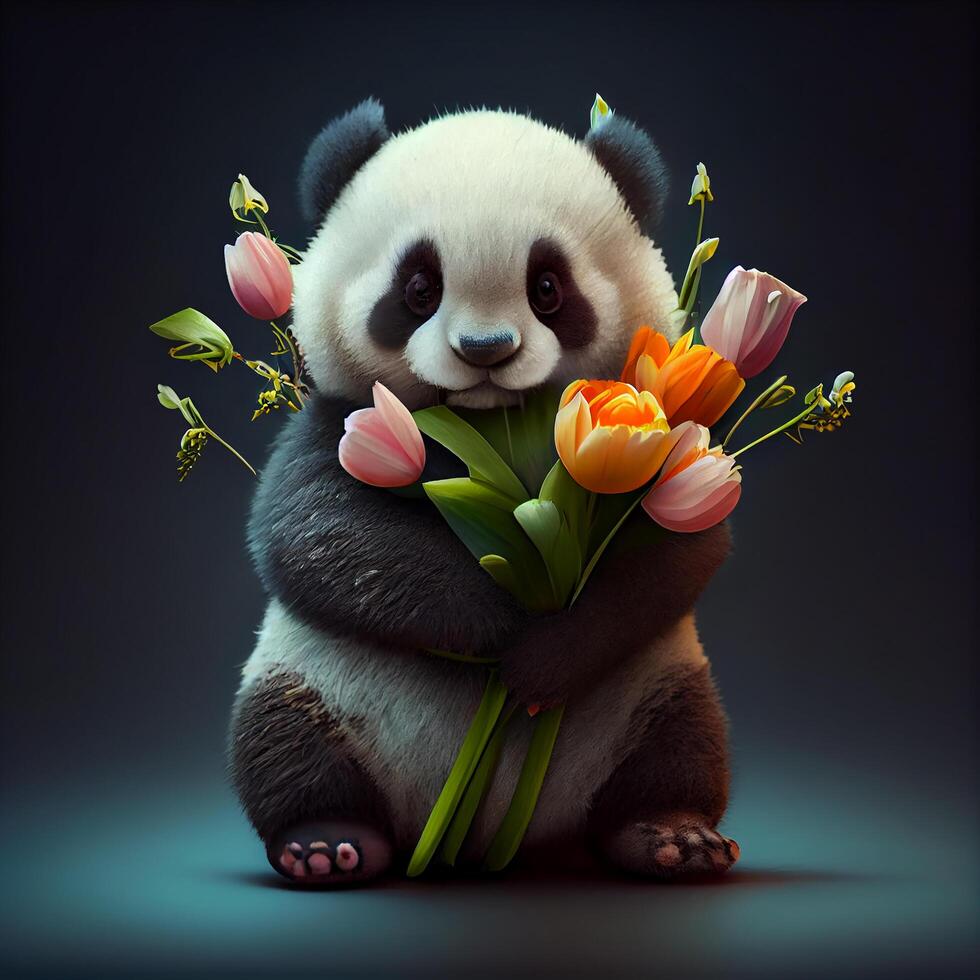 Panda with Spring Tulips Flower. photo