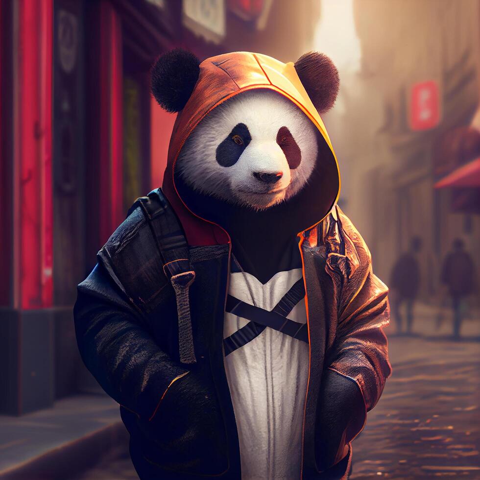 Realistic Cute Panda in Street Wear on The Street of Big City. photo