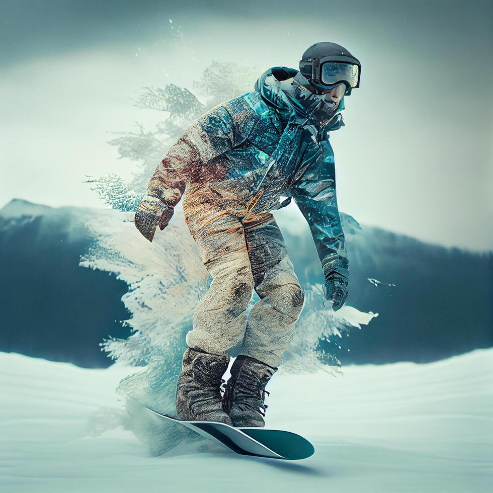 Man in ski goggles rides a snowboard from a snowy mountain. Illustration photo