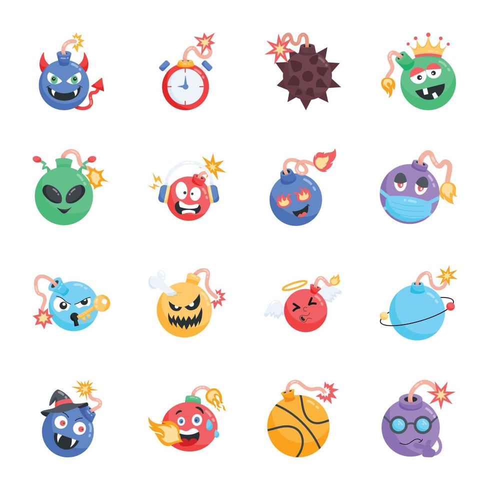 moderno paquete de emoji bombas plano pegatinas vector