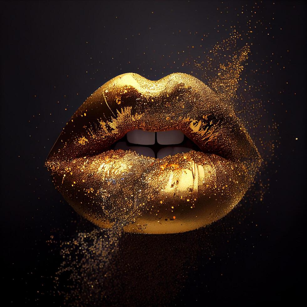Golden glitter lips on a dark background. Illustration photo