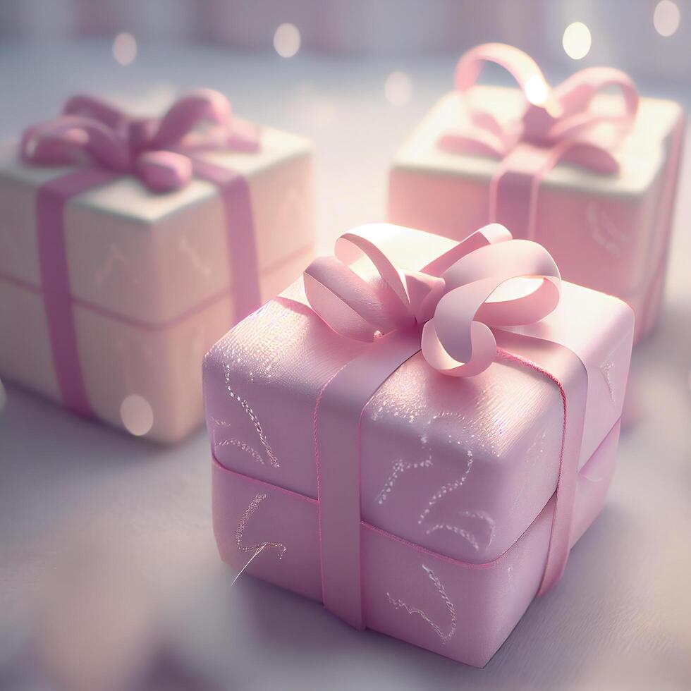 Pink Gif Boxes with Bow on Bokeh Background. photo