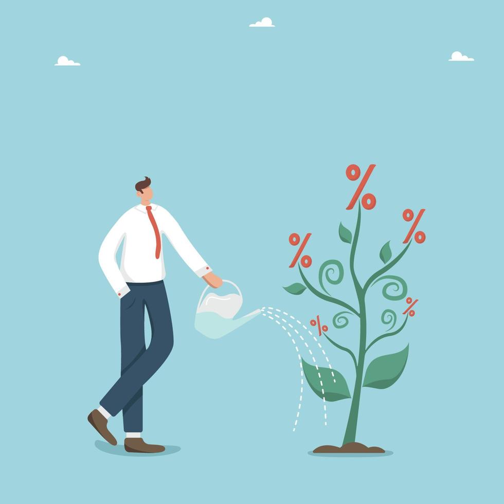 An increase in the interest rate on a deposit, an increase in profit from an investment deposit or from securities, success in a business or a start-up, a man watering a tree with increasing interest. vector