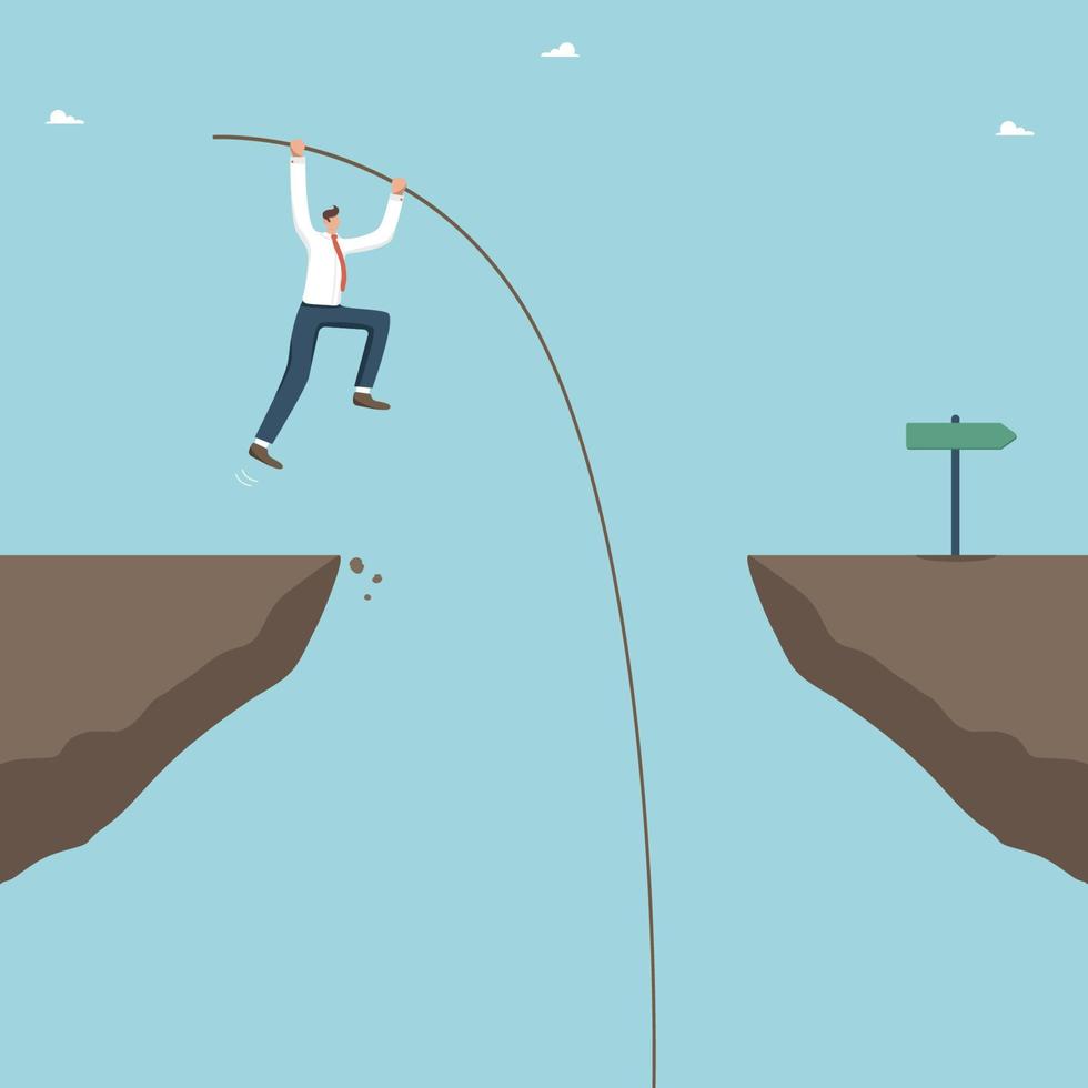 Take risks to achieve goals, follow the chosen strategy, vision for the direction of business development, achieve high results with hard work, man pole vaults over a cliff in the indicated direction. vector