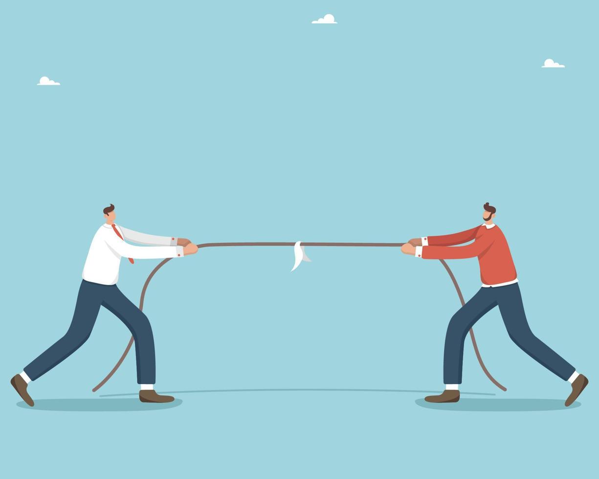 Competition in the market, occupying a niche in business, struggle and rivalry for a consumer or buyer, team conflict with different development strategies, businessmen pulling the business rope. vector
