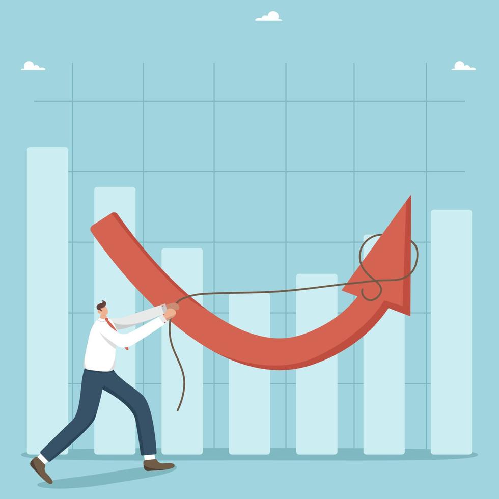 Increasing the economic level, business recovery after the crisis, financial growth, increasing the value of investments, a strategy to improve the condition, a man raises an arrow up with a rope. vector