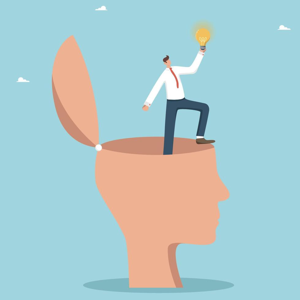 Brilliant thoughts in a smart head, develop a plan to overcome difficulties, find the right long-term strategy for the development of a new business, a man found an idea light bulb in a big human head vector