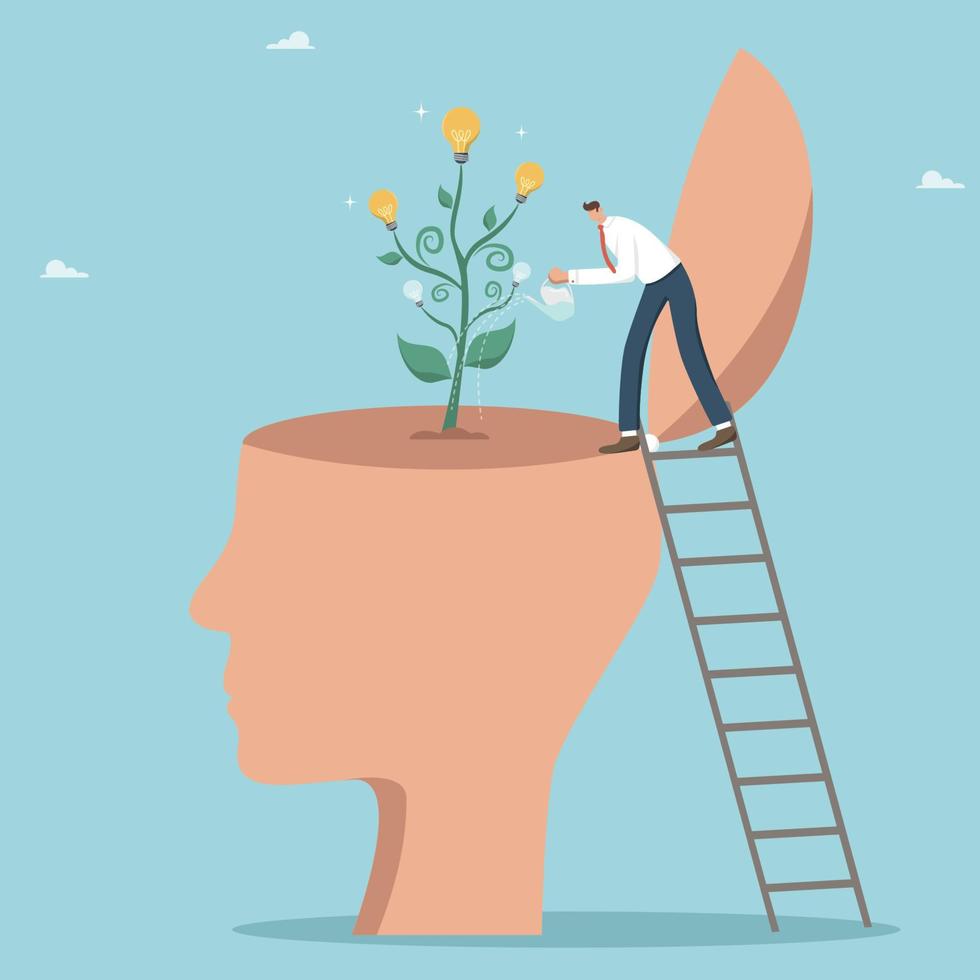 Personal growth or development of intellectual potential, grow a genius in yourself, creative thinking and intuition for business development and problem solving, man watering a tree with light bulbs. vector