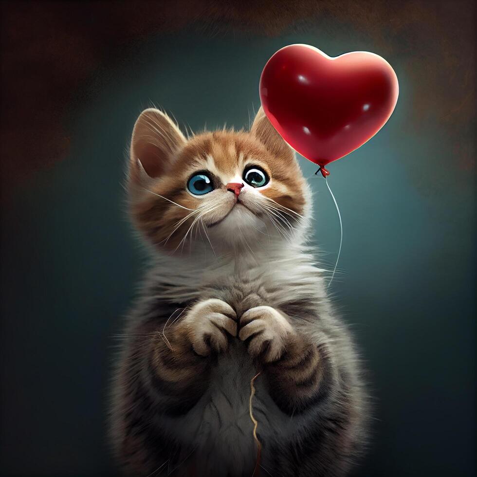 Cute Little Cat with Heart Shape Balloon. photo