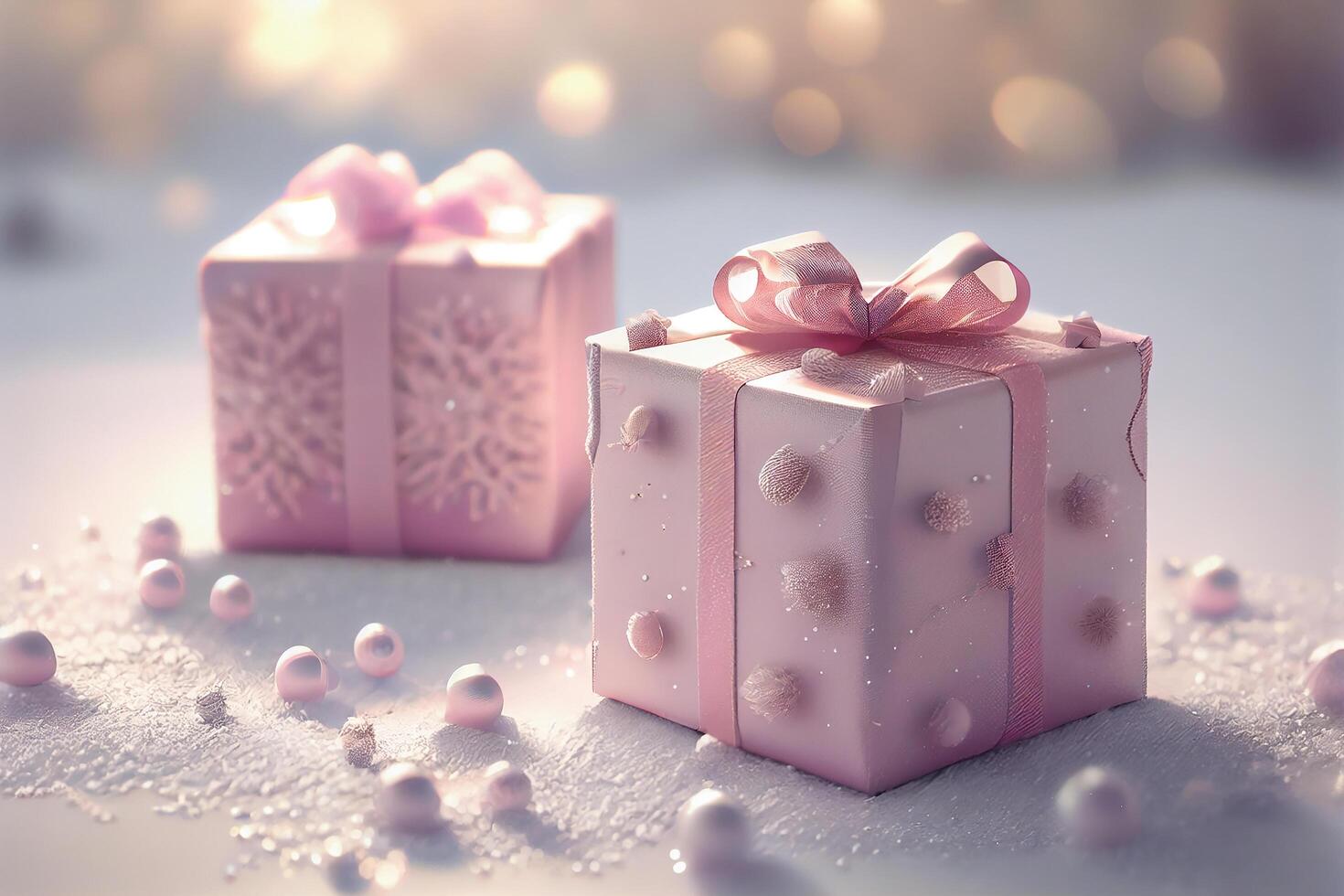 Pink Gif Boxes with Bow on Bokeh Background. photo
