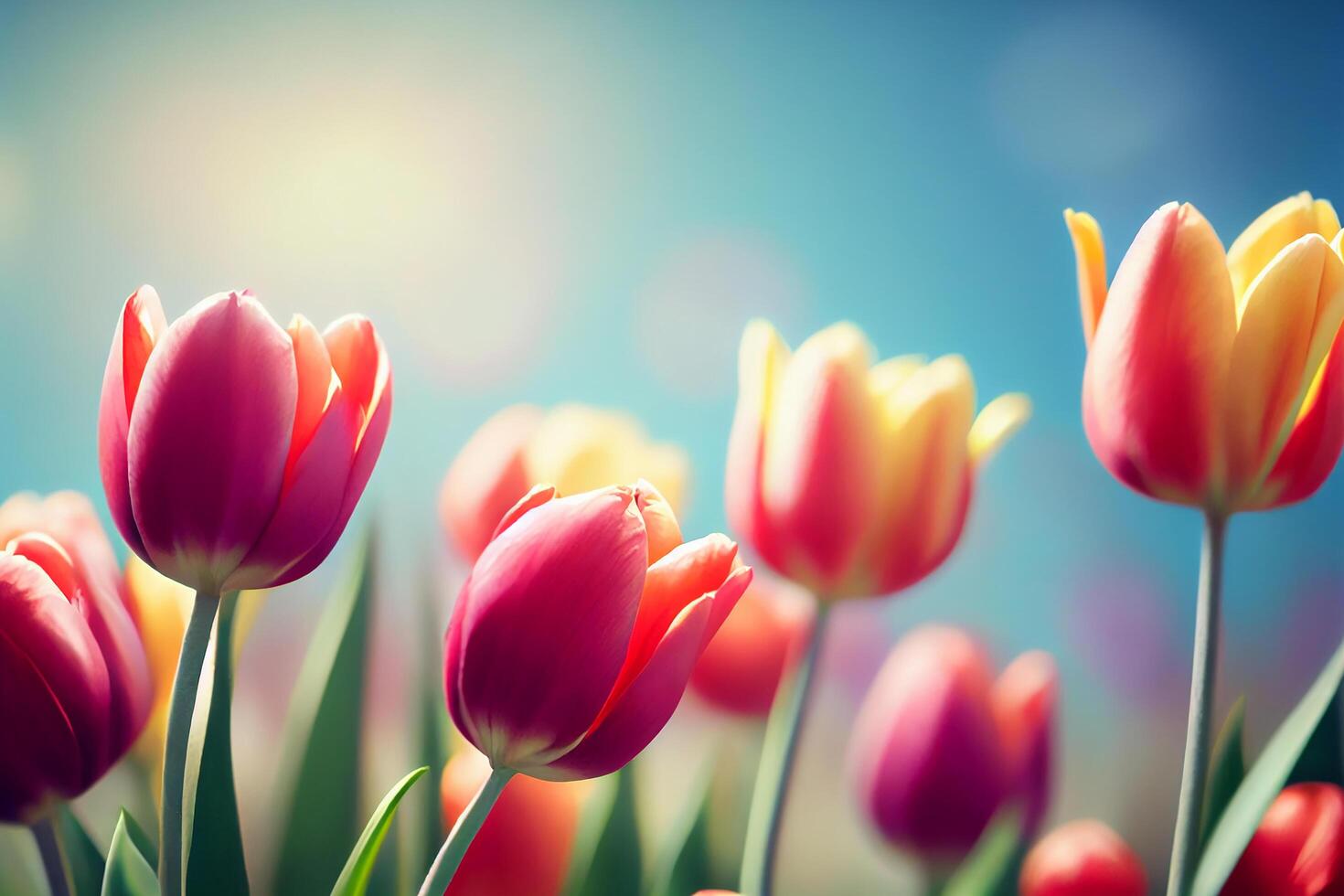 Natural spring light red tulips on green. Illustration photo