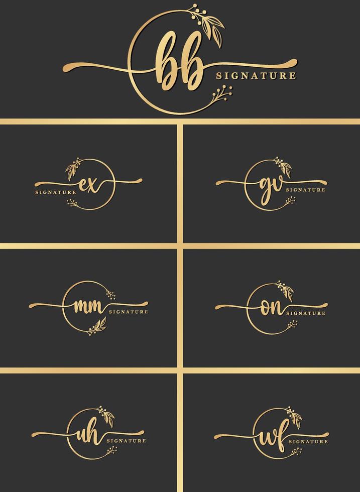 bundle of luxury signature two letter logo design isolated leaf and flower vector