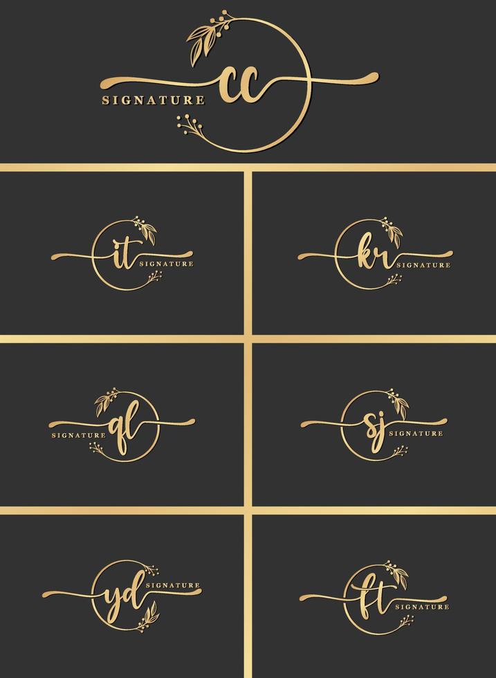 bundle of luxury signature two letter logo design isolated leaf and flower vector