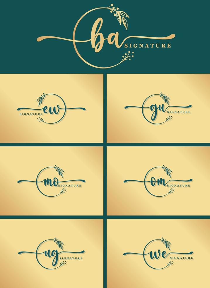 bundle set of luxury signature of two letters logo design isolated leaf and flower vector