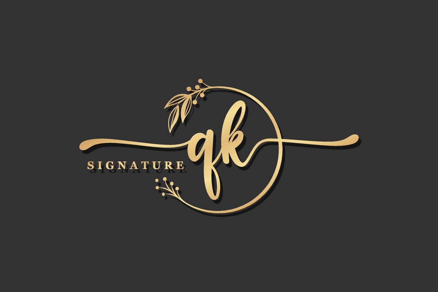 luxury gold signature initial Q K logo design isolated leaf and flower vector