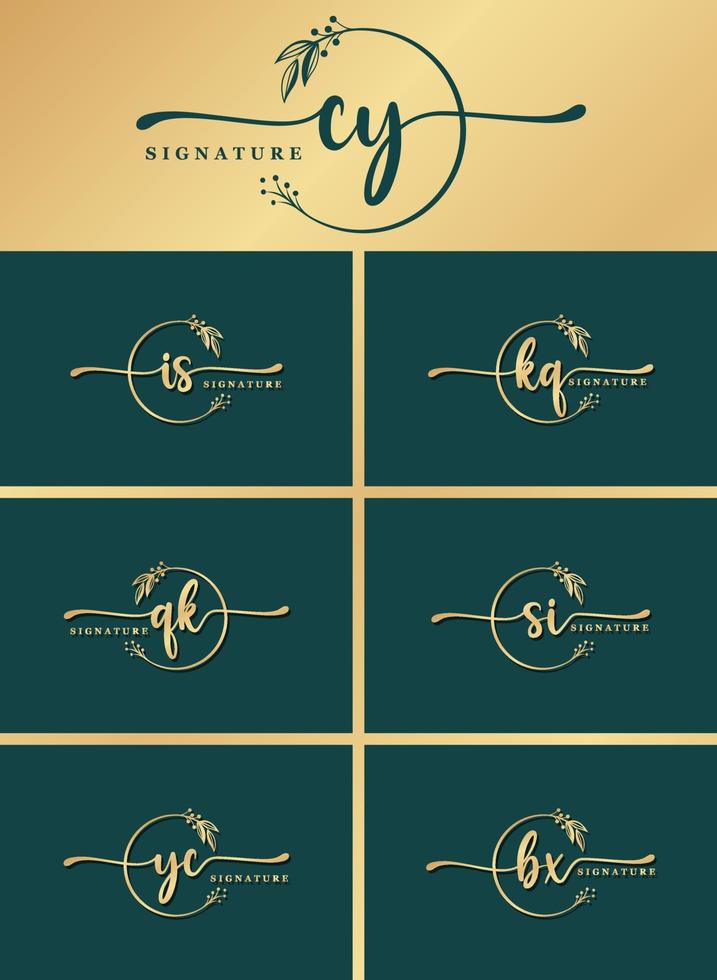 bundle set of luxury signature of two letters logo design isolated leaf and flower vector