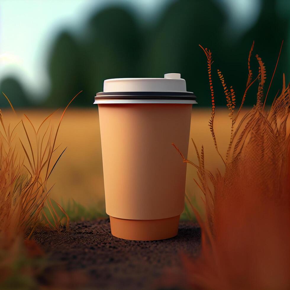 Coffee to go on a background with green plants. Illustration photo