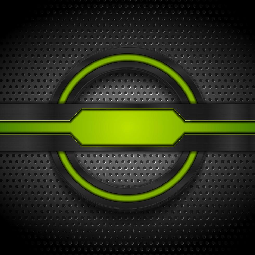 Green and black glossy tech shapes on dark perforated background