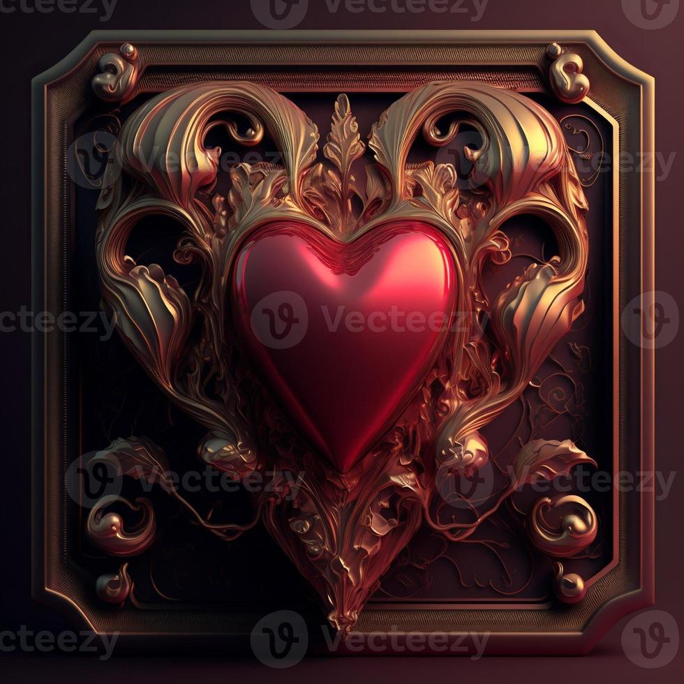 Red heart with golden decor. Digital illustratio. AI photo