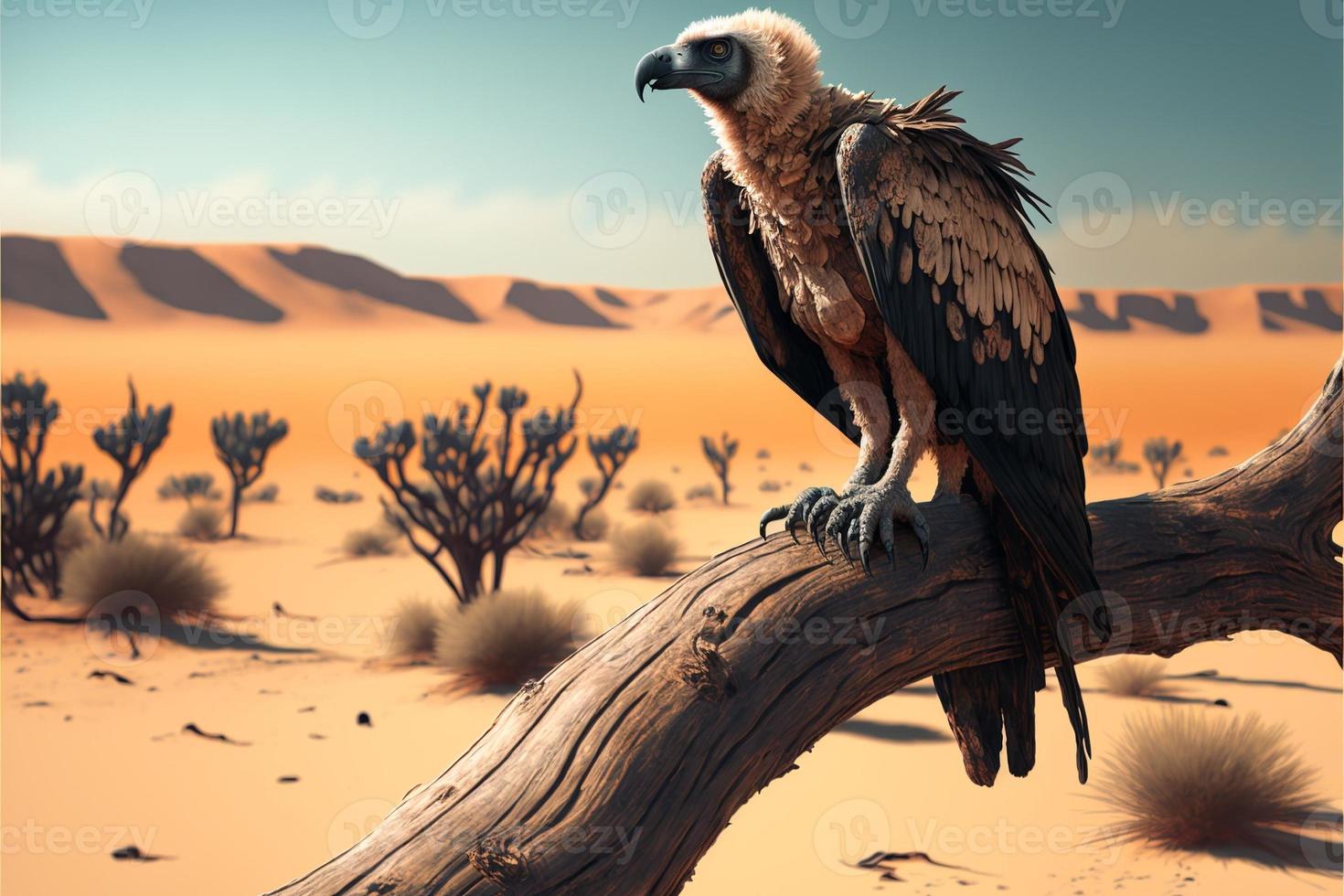 Landscape with vulture on dry branch with desert in background. AI photo