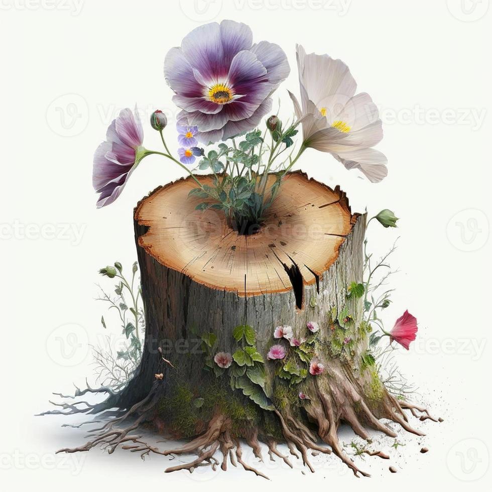 Illustration of painting flowers on a tree trunk, white landscape. AI  22013381 Stock Photo at Vecteezy