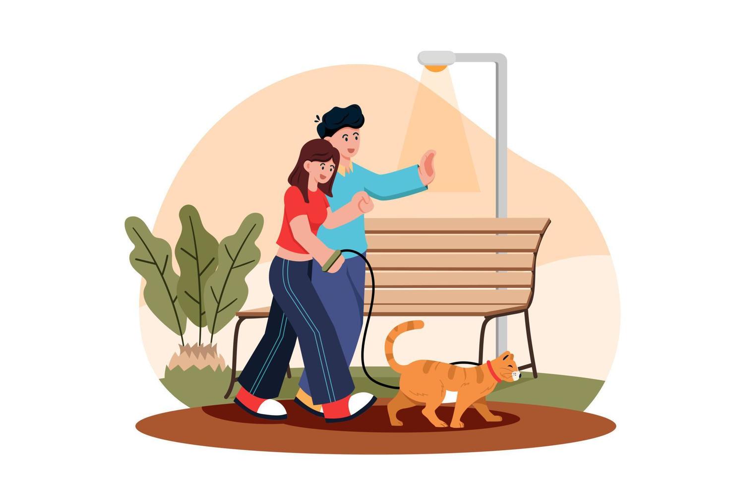 Couple Walking With Cat In Park vector