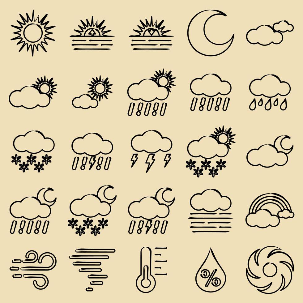 Icon set of weather. Weather elements symbol. Icons in hand drawn style. Good for prints, web, smartphone app, posters, infographics, logo, sign, etc. vector