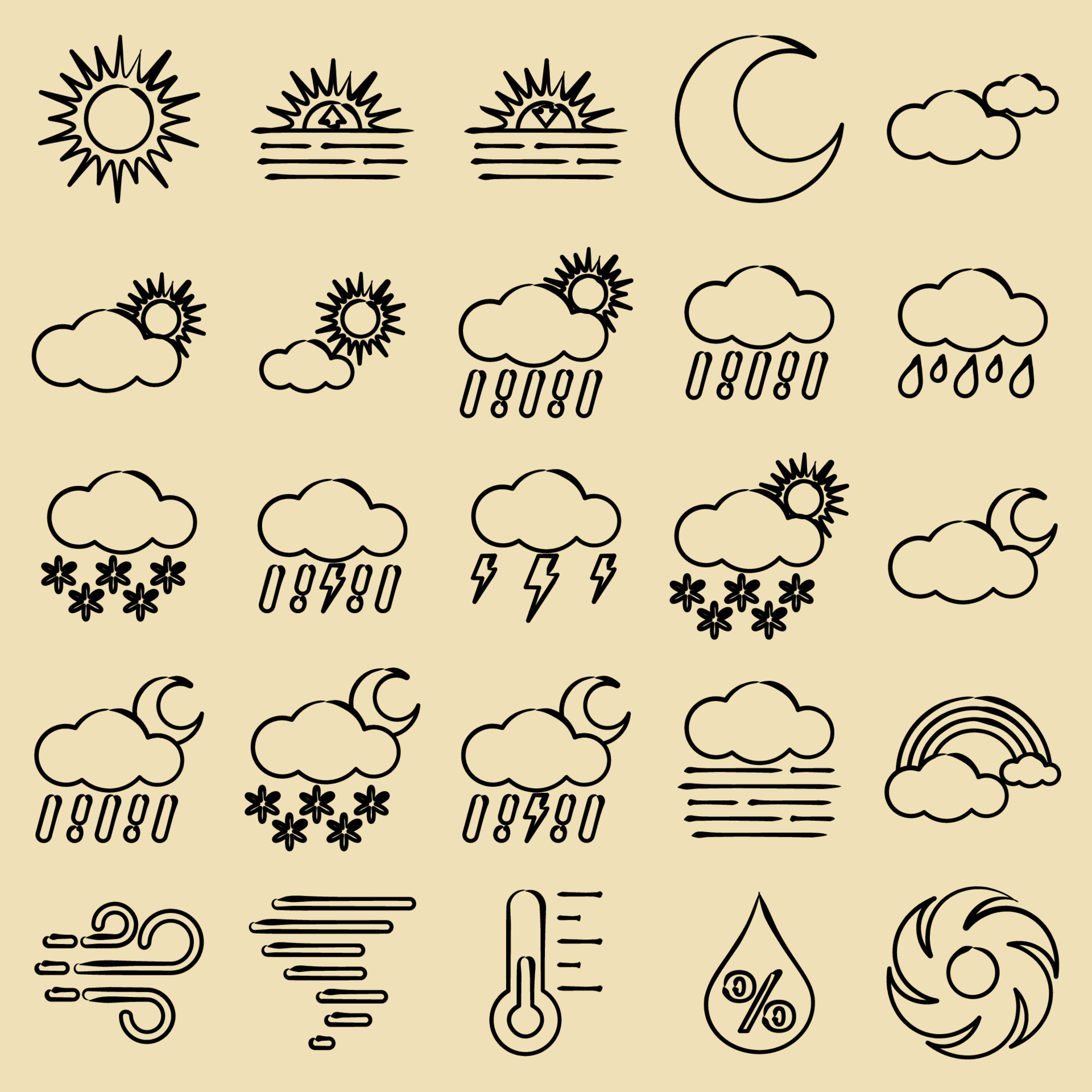 Icon set of weather. Weather elements symbol. Icons in hand drawn style ...